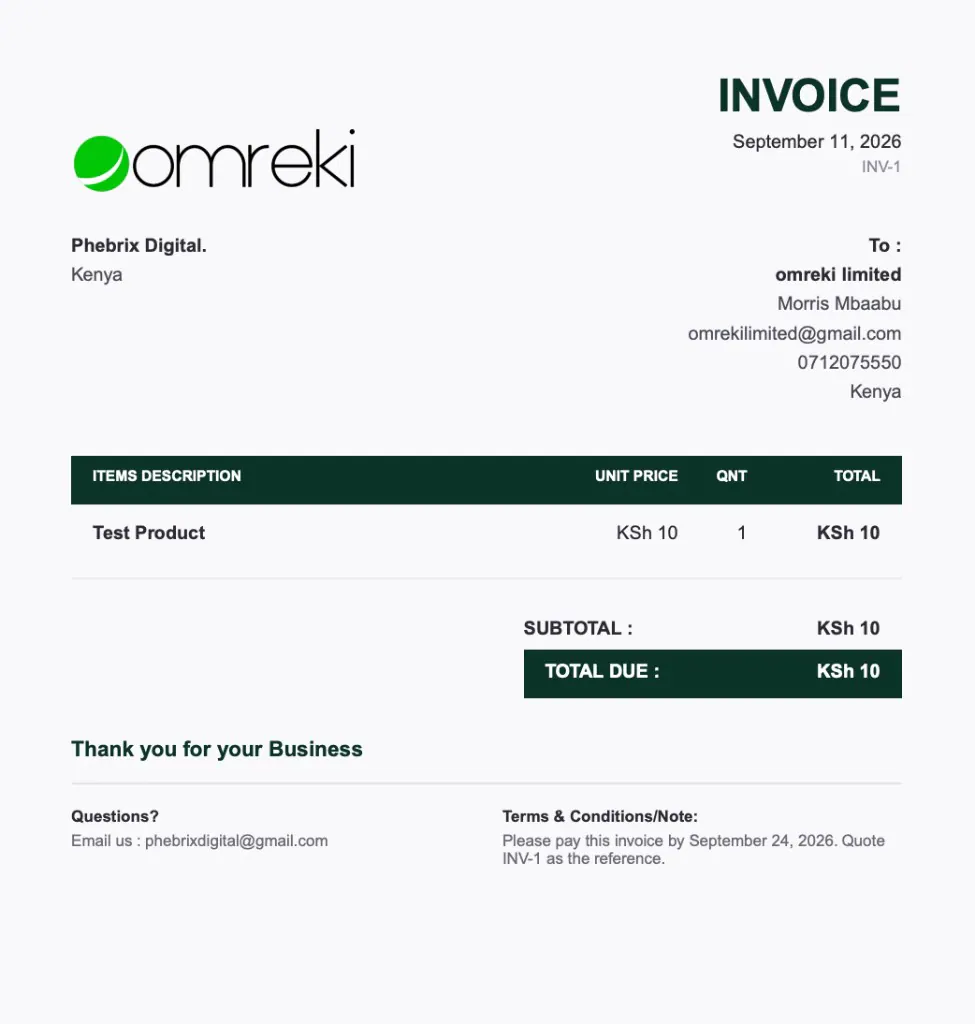 Sample goobiiz invoice with the business logo, line items, and total due